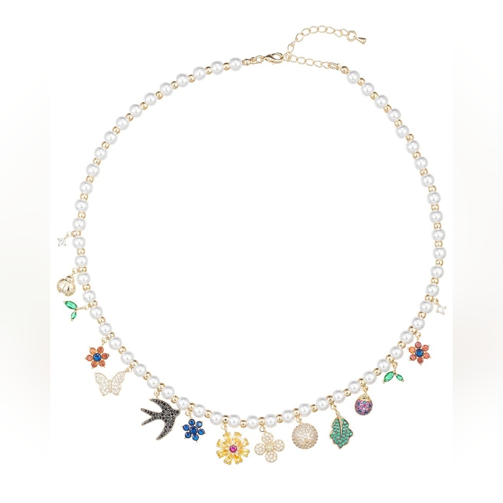 eye candy White Pearl Necklace with Multicolor Enamel Charms